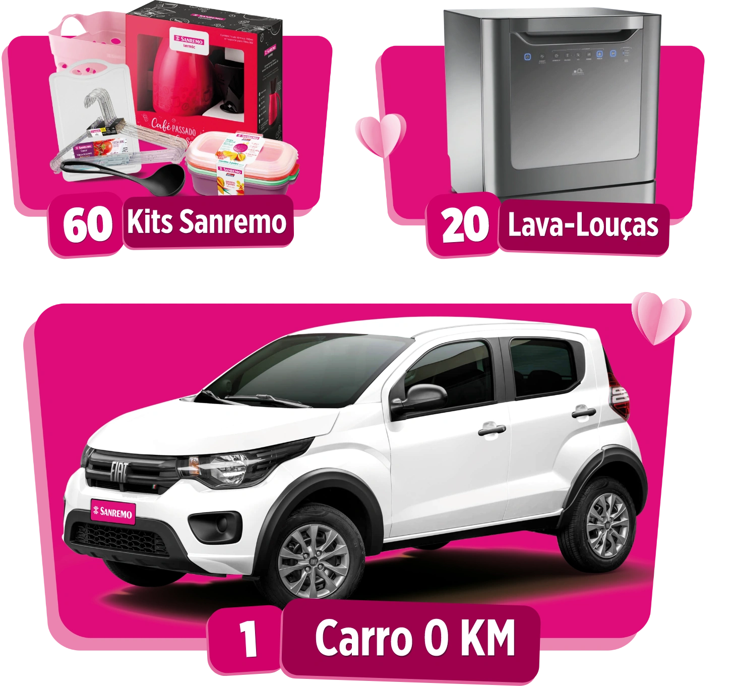 60 Kits Sanremo, 20 Lava-Louças, 1 Carro 0KM